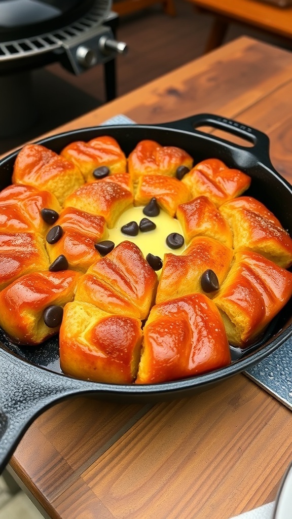 A skillet of grilled monkey bread, golden-brown and fluffy, with cinnamon sugar and chocolate chips, set outdoors.